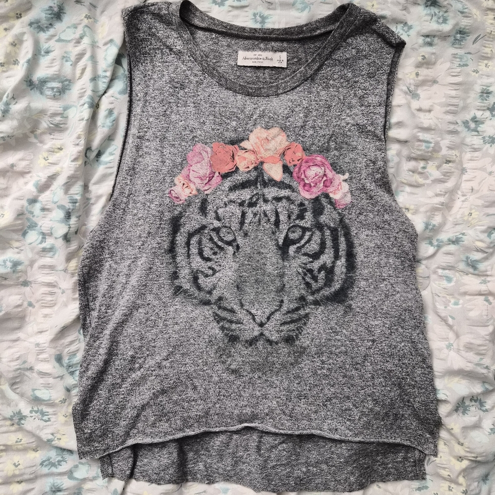 Abercrombie & Fitch Womens Small Graphic Tank Top Tiger With Floral Headband